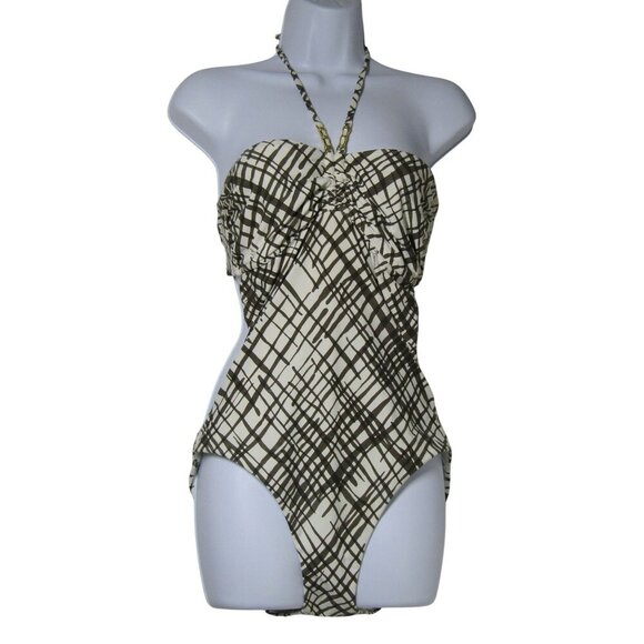 TRINA TURK Large Brown RETRO Mod Abstract HALTER One Piece Swim Suit Resort - Picture 1 of 12